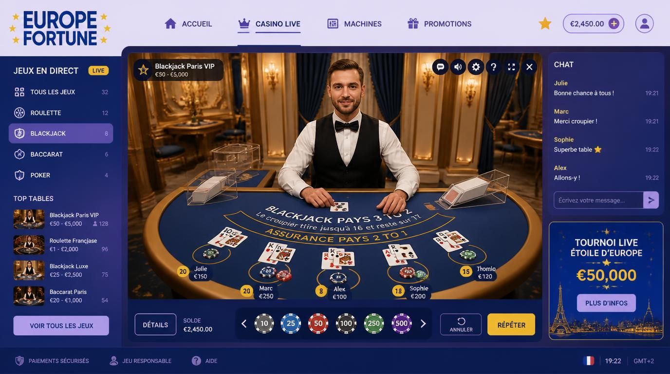 Ambiance live élégante, joueurs et croupier immersifs